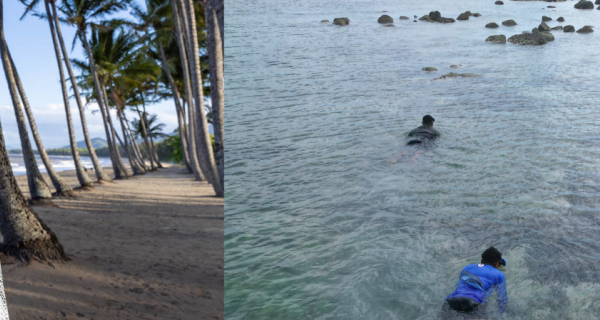 two images together, the left shows a person holding swimming fins, the right shows people in a body of water.
