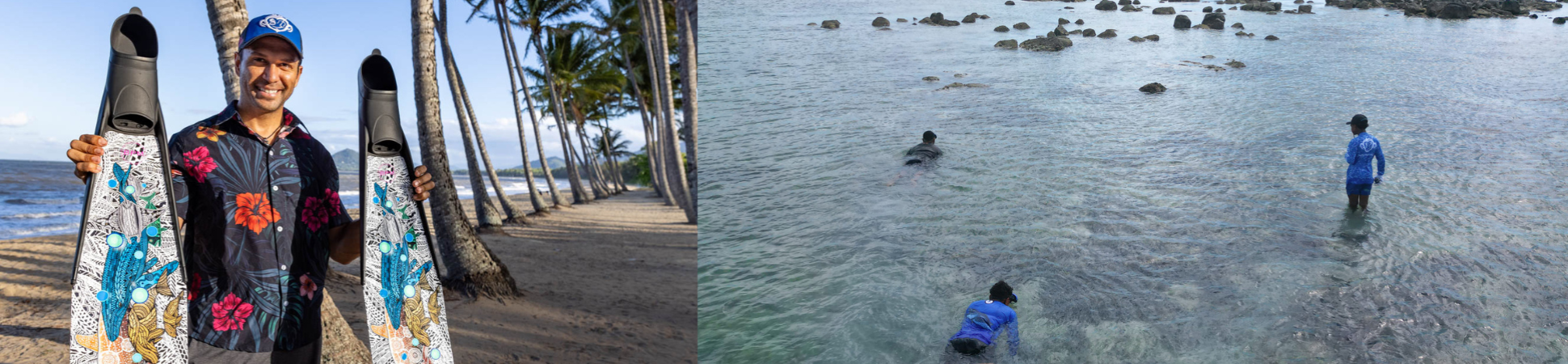 two images together, the left shows a person holding swimming fins, the right shows people in a body of water.